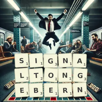 Kreative Illustration für ein Scrabble-Spiel, bei dem das Wort SIGNALTONGEBERN mit Steinen auf dem Brett gelegt wurde.