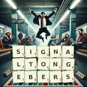 Kreative Illustration für ein Scrabble-Spiel, bei dem das Wort SIGNALTONGEBERS mit Steinen auf dem Brett gelegt wurde.