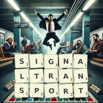 Kreative Illustration für ein Scrabble-Spiel, bei dem das Wort SIGNALTRANSPORT mit Steinen auf dem Brett gelegt wurde.