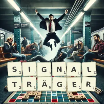 Kreative Illustration für ein Scrabble-Spiel, bei dem das Wort SIGNALTRÄGER mit Steinen auf dem Brett gelegt wurde.