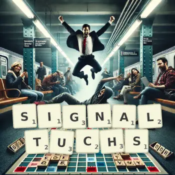 Kreative Illustration für ein Scrabble-Spiel, bei dem das Wort SIGNALTUCHS mit Steinen auf dem Brett gelegt wurde.