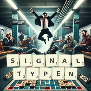 Kreative Illustration für ein Scrabble-Spiel, bei dem das Wort SIGNALTYPEN mit Steinen auf dem Brett gelegt wurde.