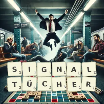 Kreative Illustration für ein Scrabble-Spiel, bei dem das Wort SIGNALTÜCHER mit Steinen auf dem Brett gelegt wurde.