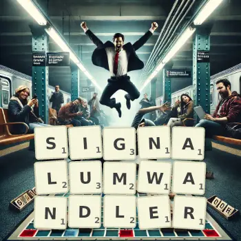Kreative Illustration für ein Scrabble-Spiel, bei dem das Wort SIGNALUMWANDLER mit Steinen auf dem Brett gelegt wurde.