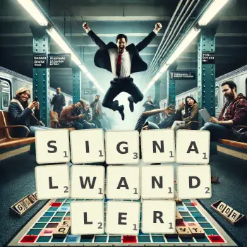 Kreative Illustration für ein Scrabble-Spiel, bei dem das Wort SIGNALWANDLER mit Steinen auf dem Brett gelegt wurde.