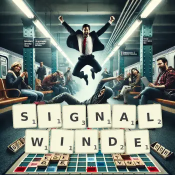 Kreative Illustration für ein Scrabble-Spiel, bei dem das Wort SIGNALWINDE mit Steinen auf dem Brett gelegt wurde.