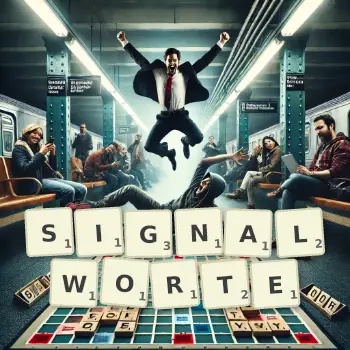 Kreative Illustration für ein Scrabble-Spiel, bei dem das Wort SIGNALWORTE mit Steinen auf dem Brett gelegt wurde.