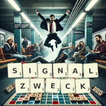 Kreative Illustration für ein Scrabble-Spiel, bei dem das Wort SIGNALZWECK mit Steinen auf dem Brett gelegt wurde.