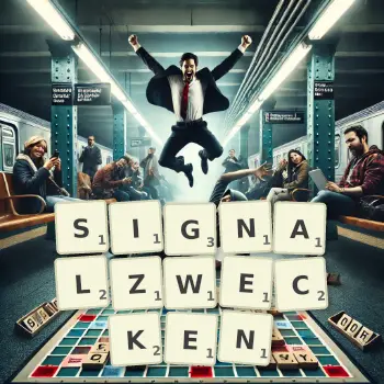Kreative Illustration für ein Scrabble-Spiel, bei dem das Wort SIGNALZWECKEN mit Steinen auf dem Brett gelegt wurde.