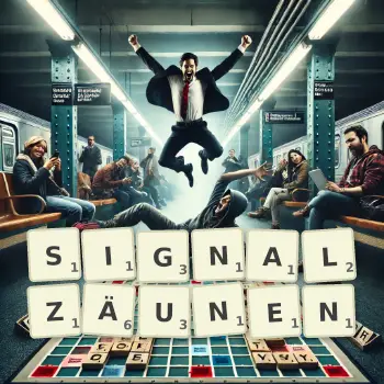 Kreative Illustration für ein Scrabble-Spiel, bei dem das Wort SIGNALZÄUNEN mit Steinen auf dem Brett gelegt wurde.