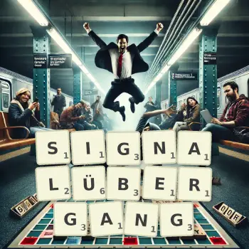 Kreative Illustration für ein Scrabble-Spiel, bei dem das Wort SIGNALÜBERGANG mit Steinen auf dem Brett gelegt wurde.
