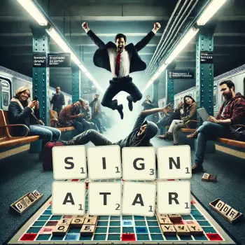 Kreative Illustration für ein Scrabble-Spiel, bei dem das Wort SIGNATAR mit Steinen auf dem Brett gelegt wurde.