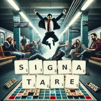 Kreative Illustration für ein Scrabble-Spiel, bei dem das Wort SIGNATARE mit Steinen auf dem Brett gelegt wurde.