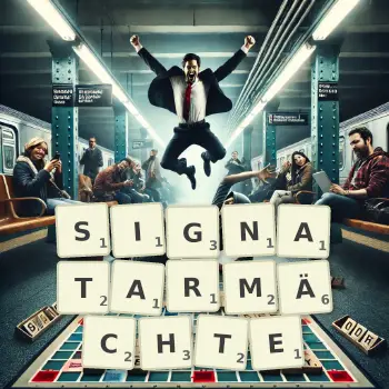 Kreative Illustration für ein Scrabble-Spiel, bei dem das Wort SIGNATARMÄCHTE mit Steinen auf dem Brett gelegt wurde.