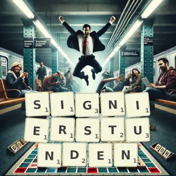 Kreative Illustration für ein Scrabble-Spiel, bei dem das Wort SIGNIERSTUNDEN mit Steinen auf dem Brett gelegt wurde.