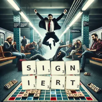 Kreative Illustration für ein Scrabble-Spiel, bei dem das Wort SIGNIERT mit Steinen auf dem Brett gelegt wurde.