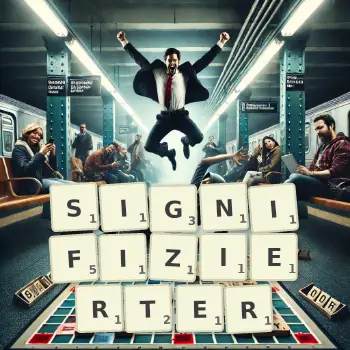 Kreative Illustration für ein Scrabble-Spiel, bei dem das Wort SIGNIFIZIERTER mit Steinen auf dem Brett gelegt wurde.