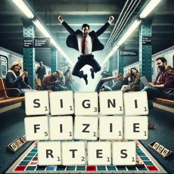 Kreative Illustration für ein Scrabble-Spiel, bei dem das Wort SIGNIFIZIERTES mit Steinen auf dem Brett gelegt wurde.