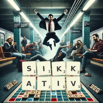 Kreative Illustration für ein Scrabble-Spiel, bei dem das Wort SIKKATIV mit Steinen auf dem Brett gelegt wurde.