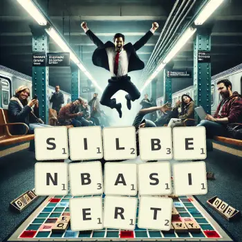 Kreative Illustration für ein Scrabble-Spiel, bei dem das Wort SILBENBASIERT mit Steinen auf dem Brett gelegt wurde.