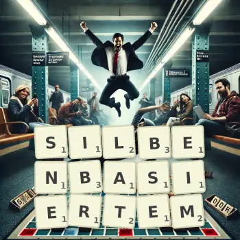 Kreative Illustration für ein Scrabble-Spiel, bei dem das Wort SILBENBASIERTEM mit Steinen auf dem Brett gelegt wurde.