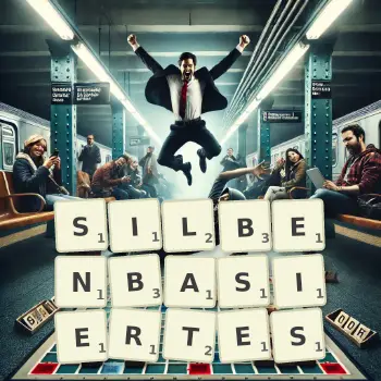 Kreative Illustration für ein Scrabble-Spiel, bei dem das Wort SILBENBASIERTES mit Steinen auf dem Brett gelegt wurde.