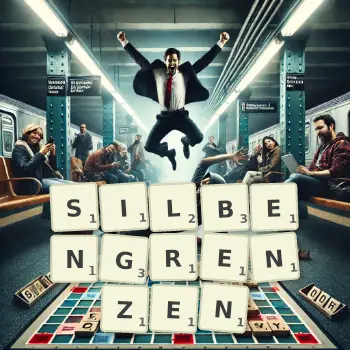 Kreative Illustration für ein Scrabble-Spiel, bei dem das Wort SILBENGRENZEN mit Steinen auf dem Brett gelegt wurde.