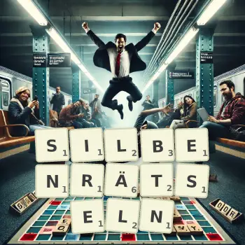 Kreative Illustration für ein Scrabble-Spiel, bei dem das Wort SILBENRÄTSELN mit Steinen auf dem Brett gelegt wurde.