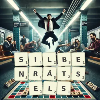 Kreative Illustration für ein Scrabble-Spiel, bei dem das Wort SILBENRÄTSELS mit Steinen auf dem Brett gelegt wurde.