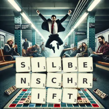 Kreative Illustration für ein Scrabble-Spiel, bei dem das Wort SILBENSCHRIFT mit Steinen auf dem Brett gelegt wurde.