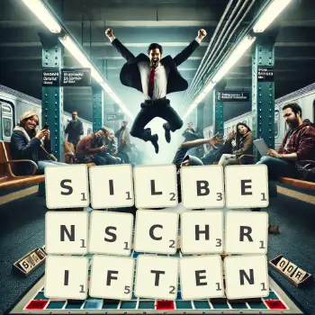 Kreative Illustration für ein Scrabble-Spiel, bei dem das Wort SILBENSCHRIFTEN mit Steinen auf dem Brett gelegt wurde.