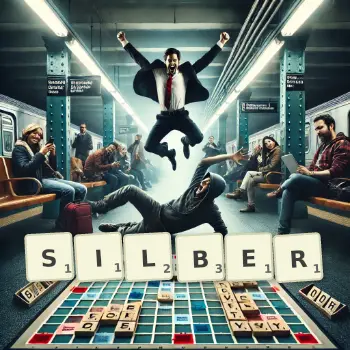 Kreative Illustration für ein Scrabble-Spiel, bei dem das Wort SILBER mit Steinen auf dem Brett gelegt wurde.
