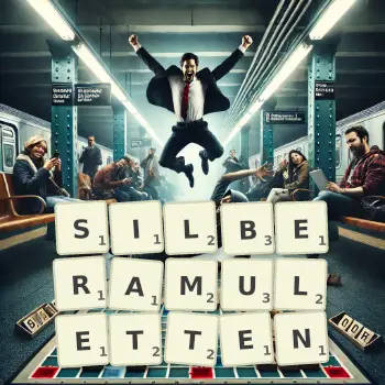 Kreative Illustration für ein Scrabble-Spiel, bei dem das Wort SILBERAMULETTEN mit Steinen auf dem Brett gelegt wurde.