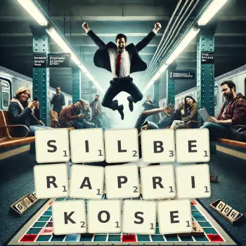 Kreative Illustration für ein Scrabble-Spiel, bei dem das Wort SILBERAPRIKOSE mit Steinen auf dem Brett gelegt wurde.