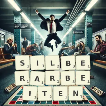 Kreative Illustration für ein Scrabble-Spiel, bei dem das Wort SILBERARBEITEN mit Steinen auf dem Brett gelegt wurde.