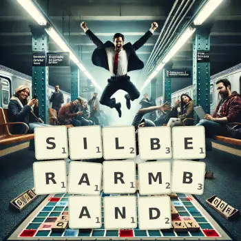 Kreative Illustration für ein Scrabble-Spiel, bei dem das Wort SILBERARMBAND mit Steinen auf dem Brett gelegt wurde.