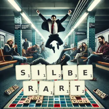 Kreative Illustration für ein Scrabble-Spiel, bei dem das Wort SILBERART mit Steinen auf dem Brett gelegt wurde.