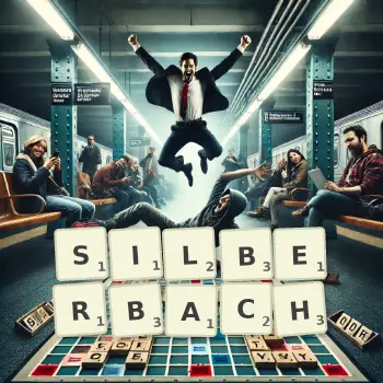 Kreative Illustration für ein Scrabble-Spiel, bei dem das Wort SILBERBACH mit Steinen auf dem Brett gelegt wurde.