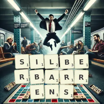 Kreative Illustration für ein Scrabble-Spiel, bei dem das Wort SILBERBARRENS mit Steinen auf dem Brett gelegt wurde.