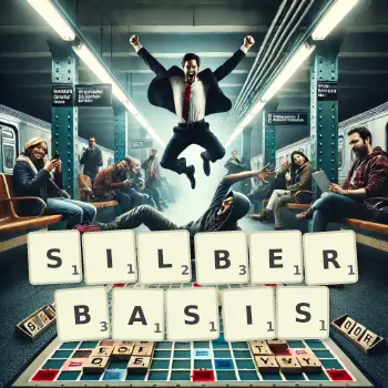 Kreative Illustration für ein Scrabble-Spiel, bei dem das Wort SILBERBASIS mit Steinen auf dem Brett gelegt wurde.