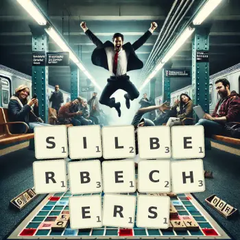 Kreative Illustration für ein Scrabble-Spiel, bei dem das Wort SILBERBECHERS mit Steinen auf dem Brett gelegt wurde.