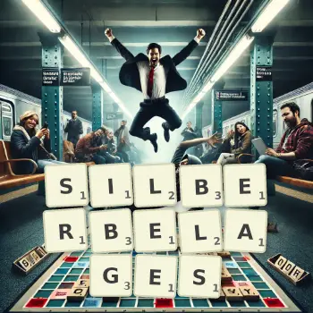 Kreative Illustration für ein Scrabble-Spiel, bei dem das Wort SILBERBELAGES mit Steinen auf dem Brett gelegt wurde.