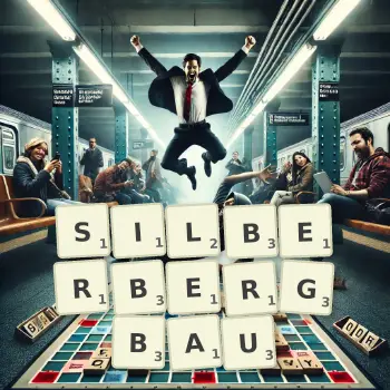 Kreative Illustration für ein Scrabble-Spiel, bei dem das Wort SILBERBERGBAU mit Steinen auf dem Brett gelegt wurde.