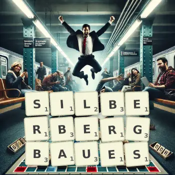 Kreative Illustration für ein Scrabble-Spiel, bei dem das Wort SILBERBERGBAUES mit Steinen auf dem Brett gelegt wurde.
