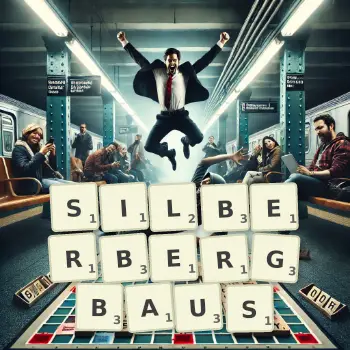 Kreative Illustration für ein Scrabble-Spiel, bei dem das Wort SILBERBERGBAUS mit Steinen auf dem Brett gelegt wurde.