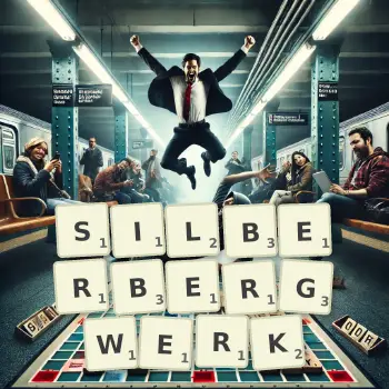 Kreative Illustration für ein Scrabble-Spiel, bei dem das Wort SILBERBERGWERK mit Steinen auf dem Brett gelegt wurde.