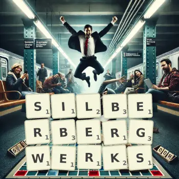 Kreative Illustration für ein Scrabble-Spiel, bei dem das Wort SILBERBERGWERKS mit Steinen auf dem Brett gelegt wurde.