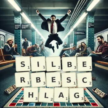 Kreative Illustration für ein Scrabble-Spiel, bei dem das Wort SILBERBESCHLAG mit Steinen auf dem Brett gelegt wurde.