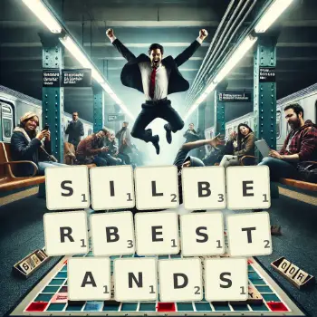 Kreative Illustration für ein Scrabble-Spiel, bei dem das Wort SILBERBESTANDS mit Steinen auf dem Brett gelegt wurde.