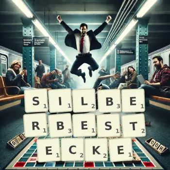 Kreative Illustration für ein Scrabble-Spiel, bei dem das Wort SILBERBESTECKE mit Steinen auf dem Brett gelegt wurde.